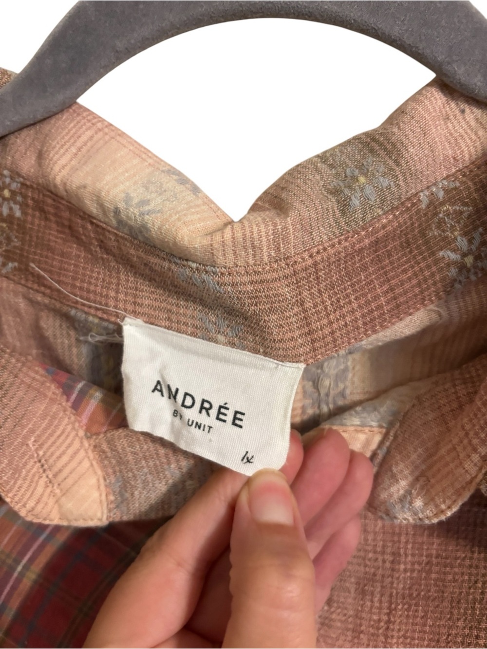Andree by Unit Patchwork Oversized Pink Plaid Button Up Shirt Size 1X - Picture 3 of 6